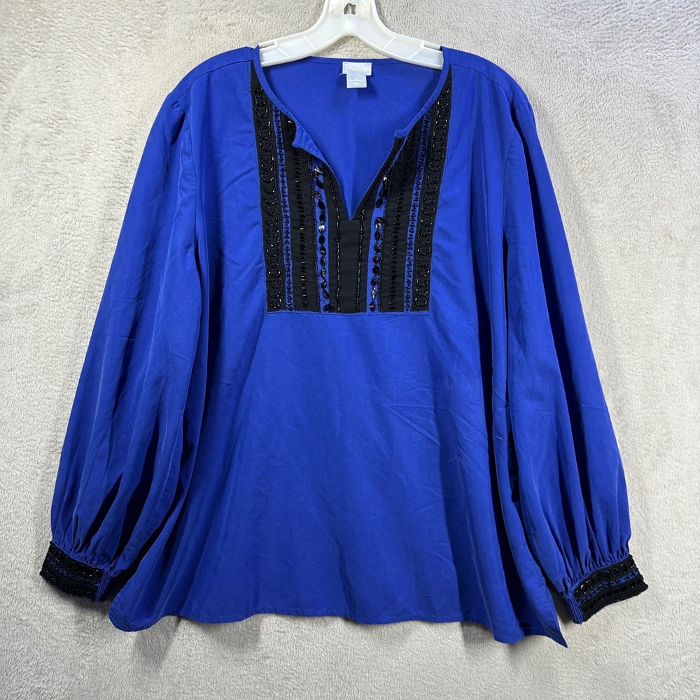 Chico's Tunic Top Womens 3 XL Royal Blue Beaded Sequin Long Sleeve Blouse